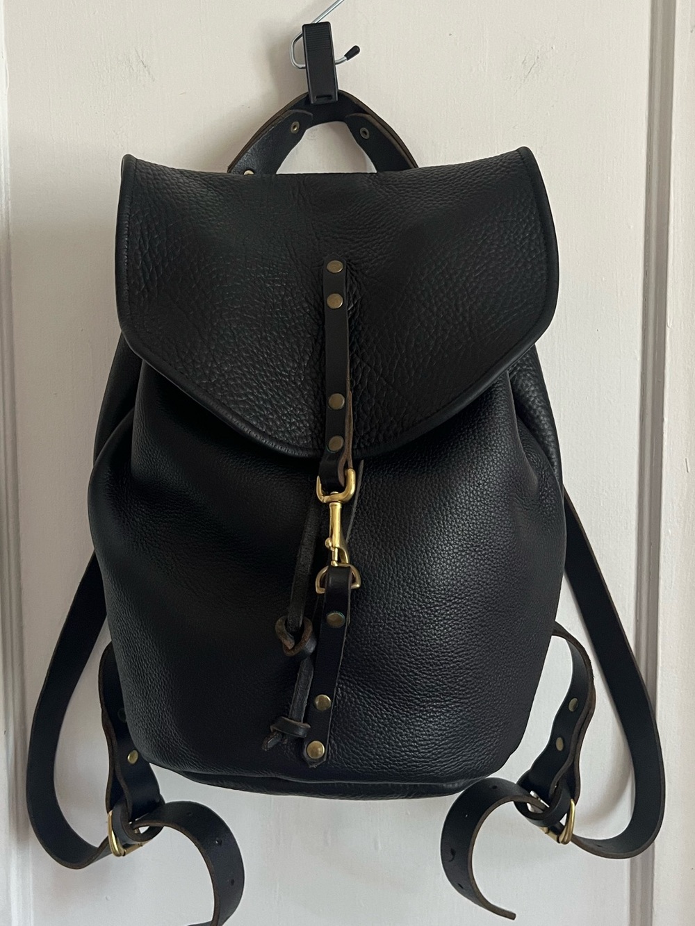 Black Pebbled Leather Backpack with Gold toned Hardware